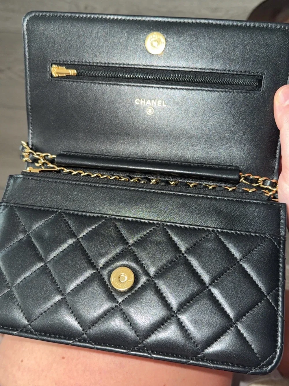 CHANEL Black Quilted Lambskin Crossbody with Gold Chain